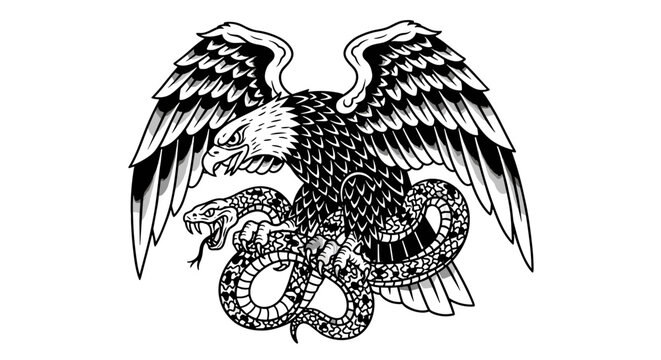 Powerful eagle with outstretched wings fiercely gripping a coiled snake