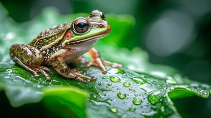 Obraz premium frog sitting on a wet leaf, visible water generative ai