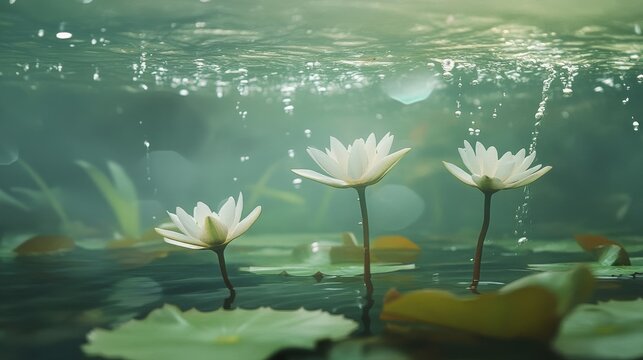 12.Underwater view of a serene water lily plant with long stems reaching down into the pond, gentle ripples from summer rain falling above, soft filtered light, floating leaves and subtle bubbles,