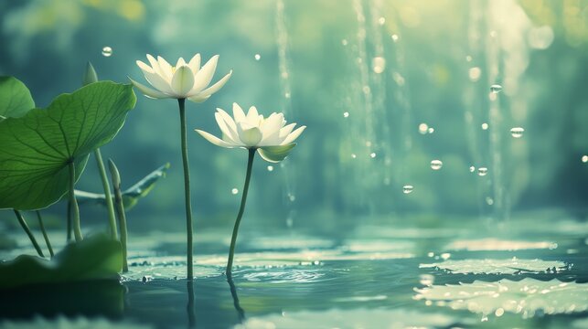 12.Underwater view of a serene water lily plant with long stems reaching down into the pond, gentle ripples from summer rain falling above, soft filtered light, floating leaves and subtle bubbles,