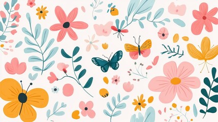 Fototapeta premium 20.Flat vector illustration with soft-colored petals, leafy motifs, geometric folk patterns, and small insects like butterflies and dragonflies, airy composition suited for Easter or spring