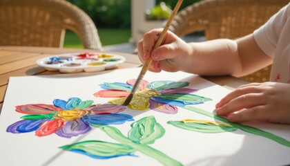 Naklejka premium A child's hand is painting a colorful flower with a paintbrush on paper, palette visible, outdoors in sunlight.