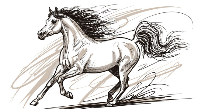 Graceful arabian horse galloping with flowing mane and tail dynamic sketch style