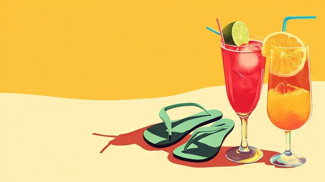 34.Summer-inspired silhouettes of flip-flops and mixed drinks, bold flat shapes, warm leisure atmosphere, beach relaxation concept.