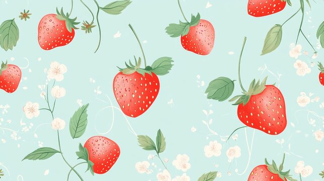 40.Soft seasonal pattern of ripe red strawberries, tiny blooms, leafy sprigs, whimsical countryside aesthetic, smooth seamless vector flow for textiles and d&Atilde;&copy;cor.