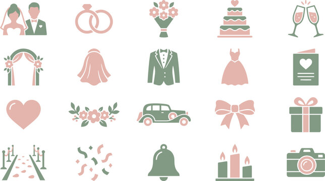 Collection of charming two-tone icons representing various elements essential for a beautiful wedding celebration.