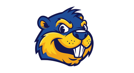 Cartoon Beaver Mascot Head, Blue and Yellow, Aggressive Expression, Sports Logo © hakim