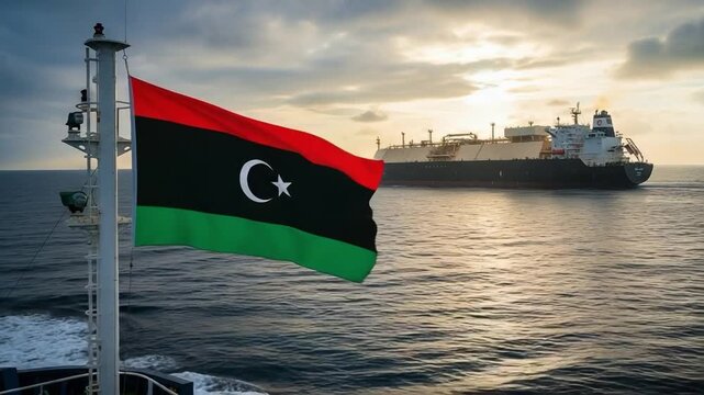 Libyan Oil Tanker Transporting Natural Gas in Mediterranean Sea at Sunset