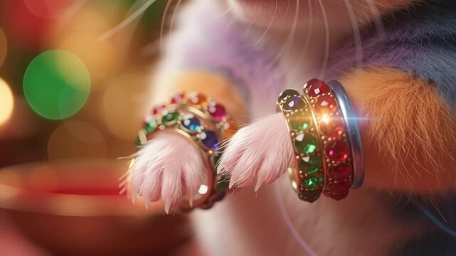 Close up of a cats paws adorned with colorful bangles festive background.