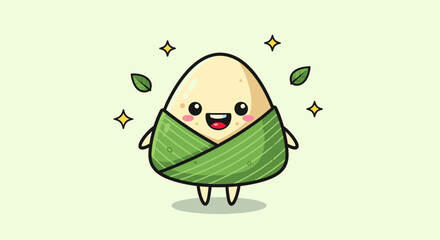 Obraz premium Cute Zongzi Mascot Wrapped in Leaf with Happy Expression.