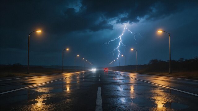 Wet road at night with lightning