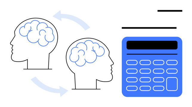 Artificial intelligence, data analysis, cognitive computing, problem-solving, machine learning, knowledge sharing. Two human brain profiles beside a digital calculator. Artificial intelligence