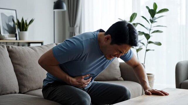 Asian man in pain holding his belly due to a severe stomach ache
