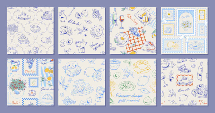 Whimsical french breakfast seamless pattern in soft blue and yellow set. Hand drawn cafe food as croissant and dessert set with coffee wine on cozy background. Doodle bakery tile texture for cafe
