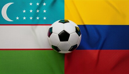 Fototapeta premium soccer ball between Uzbekistan flag and Colombia flag