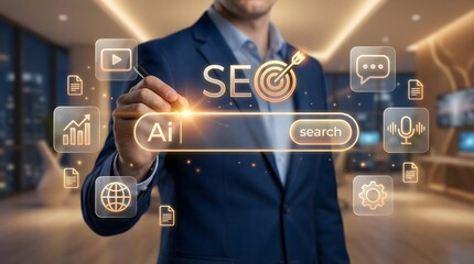 Obraz premium Businessman interacting with an SEO and artificial intelligence search engine hologram interface