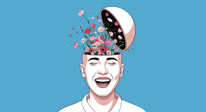 Surreal illustration of a laughing man with the top of his head open and beautiful flowers blooming out, representing mental health and growth.