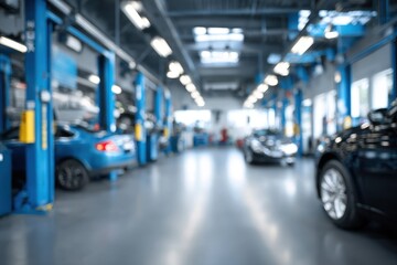 Fototapeta premium Blurred interior of a modern car repair service station