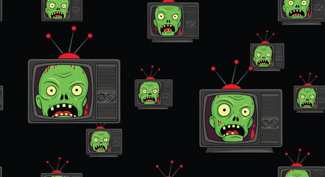 Spooky green zombie heads appearing on vintage television screens against a black background in a fun and eerie seamless pattern.