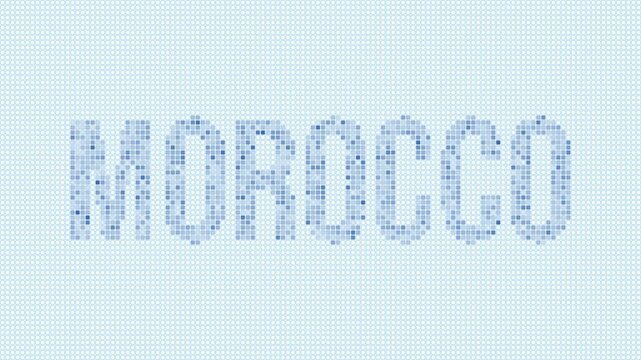 Morocco dotted map animation. Digital style shape of the country. Morocco shape and title dots appear with bulb flickering effect. Intro, outro, logo, title video.