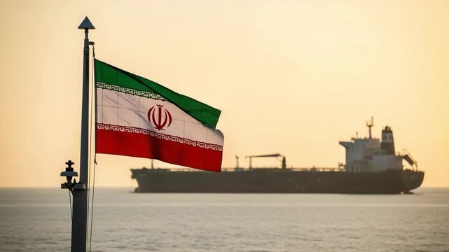 Iranian Flag Waving on Ship Deck with Oil Tanker in Background at Sea