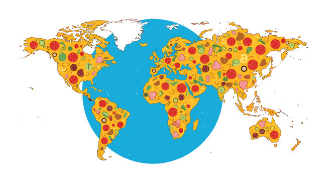 World map where the continents are made of pepperoni pizza slices on a blue globe, celebrating international love for Italian cuisine.