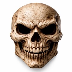 Fototapeta premium Scary human skull with menacing grin and dark eye sockets on white background.