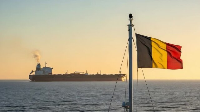 Belgian flag waving on mast with large oil tanker cargo ship on horizon at sunset