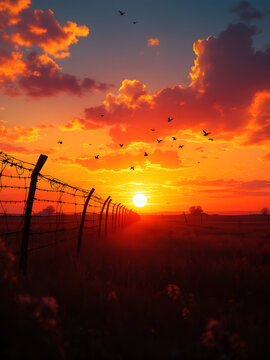 Sunset over field with barbed wire and birds