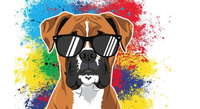 Cool Boxer Dog Wearing Sunglasses with Colorful Paint Splatter Background