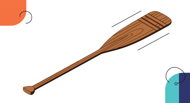 Detailed illustration of a single wooden boat oar with wood grain texture placed diagonally against a clean background with abstract shapes.