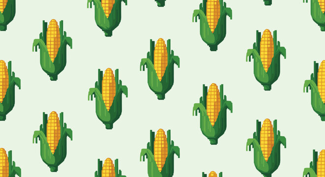Pixel art seamless pattern of yellow ears of corn with green husks arranged vertically against a pale green background for a harvest theme.