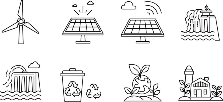 Renewable energy and green technology vector icon set featuring hydroelectric dams solar panels wind turbines and eco friendly lighthouse house,