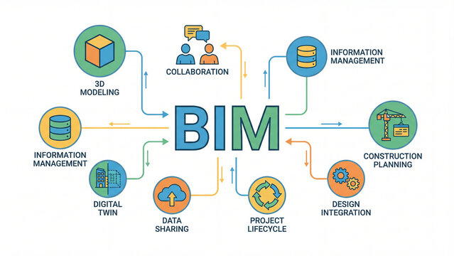 Building information modeling BIM concept diagram illustrating digital twin collaboration information management construction planning design integration and project lifecycle