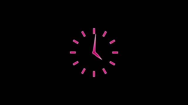 Neon pink clock face with glowing markers on black background time concept glowing clock face clock hands