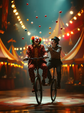 Clown and mime performing circus act on bicycles