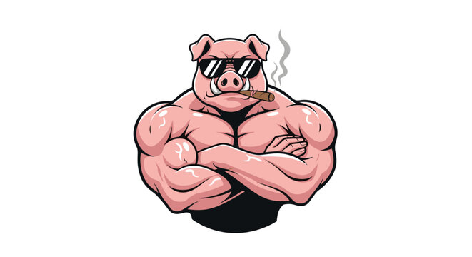 Extremely muscular pink pig mascot wearing sunglasses and smoking a cigar while flexing with arms crossed for a tough look.