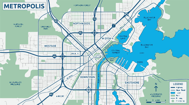 A detailed map of Metropolis with labeled neighborhoods and waterways