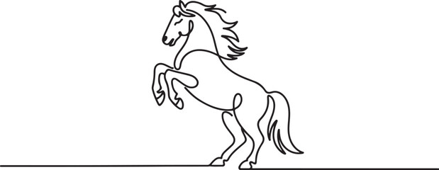 A horse with a lush mane reared up.Stallion prance. One line draw graphic design vector © MstMoushumi