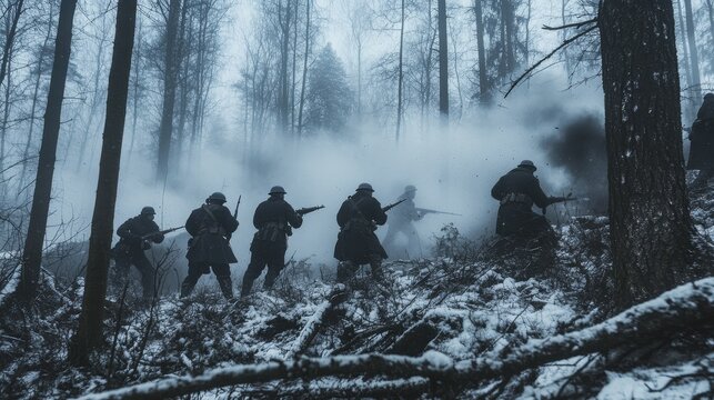 40.Forest skirmish reenactment featuring Polish partisans moving between dense trees, muzzle flash effects illuminating winter fog, enemy troops emerging from trenches in historically styled attire.