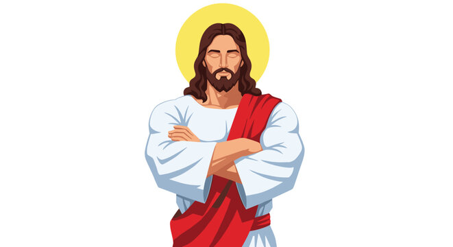 Religious illustration of jesus christ with a halo and a white robe with a red sash standing with crossed arms.