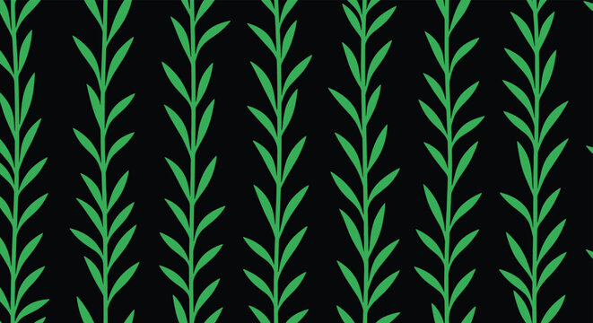 Minimalist pattern of vertical green leafy stems repeating across a solid black background for a natural look.