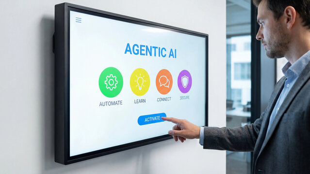 Agentic artificial intelligence concept representing autonomous system activation automation learning connectivity and security capabilities for AI technology innovation enterprise deployment