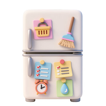 Simple refrigerator with colorful magnets showing cleaning tools and checklist isolated on transparent background