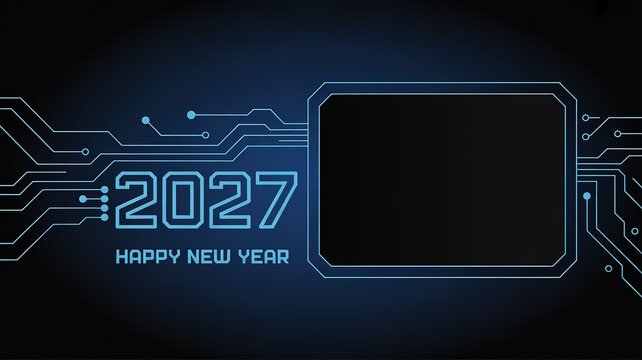 Hi Tech Themed 2027 New Year Glowing Blue Circuit Board Style Design with Blank Frame for Digital Greeting Cards Tech Event Backdrops and Futuristic Brand Campaigns