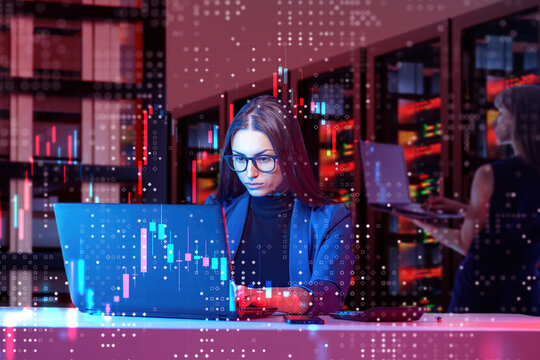Data analysis, financial computing. Female manager processes complex calculations on laptop in server room, analyzing digital charts and managing data workflows.