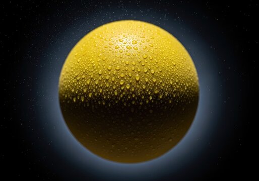 A vibrant yellow sphere glistening with water droplets against a dark, moody background.