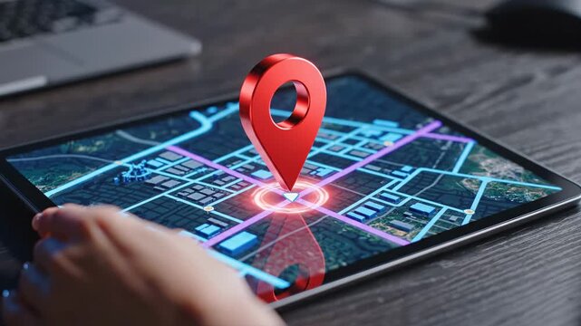 Hand interacting with digital map on tablet.