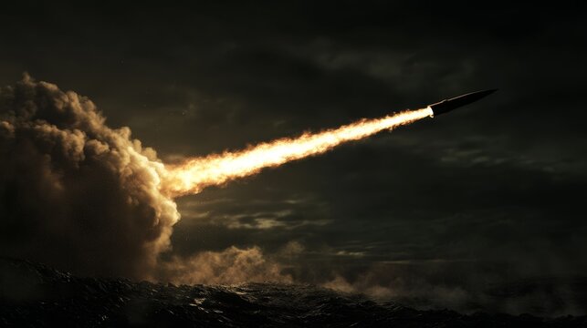71.A missile streaks downward leaving a glowing trail before detonating in a powerful blast, expanding shockwave, drifting smoke layers, moody wartime environment with darkened skies.