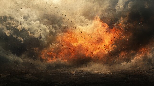 72.Violent explosion triggered by a direct missile strike, blooming fire cloud with turbulent textures, drifting ash particles, war-torn landscape faintly visible through the haze.